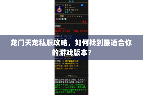 龙门天龙私服攻略，如何找到最适合你的游戏版本？
