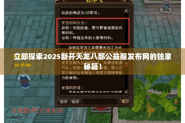 立即探索2025新开天龙八部公益服发布网的独家秘籍！